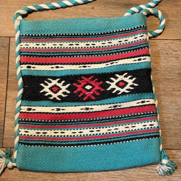 Vintage 1980's Blanket Purse Drope Blue Made in Greece Hand Spun Rayon/cotton - Picture 1 of 8